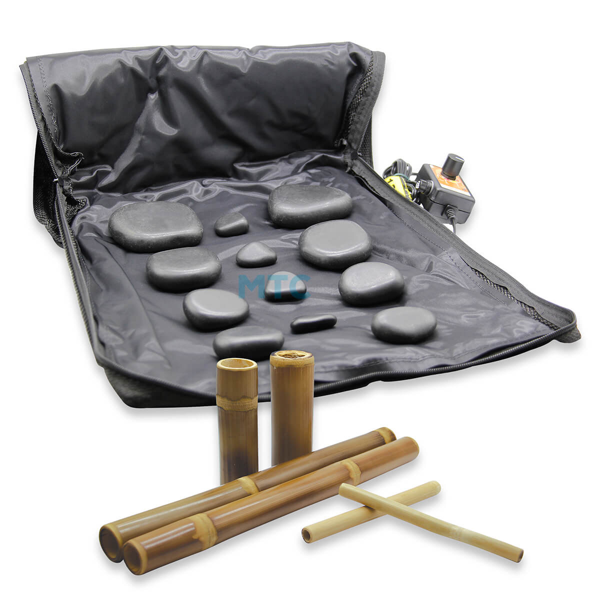 Kit Pedras Vulcânicas Com Cristais Naturais + Aquecedor + Bambu Para Massagem e Rolo Turbinado